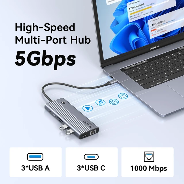 Alt view image 5 of 7 - Laptop Docking Station 3 Monitor 4K, 14-in-1 USB C Docking Station | 4K@144Hz DP, 6USB Port, 100W PD Charging, Ethernet, Switch Button, SD/microSD Audio, USB C Hub for Windows (No Power Adapter)