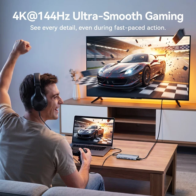 Alt view image 6 of 7 - Laptop Docking Station 3 Monitor 4K, 14-in-1 USB C Docking Station | 4K@144Hz DP, 6USB Port, 100W PD Charging, Ethernet, Switch Button, SD/microSD Audio, USB C Hub for Windows (No Power Adapter)