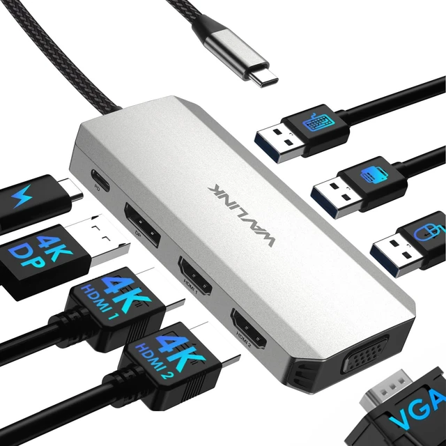 Main image of Laptop Docking Station, Quad Monitors, Dual HDMI, DisplayPort, VGA | Single 4K@144Hz, 100W PD in,3×USB-A for wireless devices, Compatible with Dell/HP/Lenovo, Windows Only