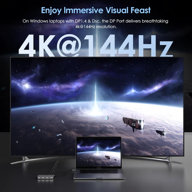 Alt view image 3 of 7 - Laptop Docking Station, Quad Monitors, Dual HDMI, DisplayPort, VGA | Single 4K@144Hz, 100W PD in,3×USB-A for wireless devices, Compatible with Dell/HP/Lenovo, Windows Only