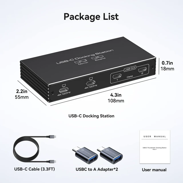 Alt view image 7 of 7 - 4K120Hz USB C Splitter Dual Monitor Thunderbolt Docking Station 6-in-1 Dual USB C Monitor 100W PD, 10Gbps USBC Data Ports USBC Splitter 1 in 4 Out for Dell/HP/MacBook and Other Laptops