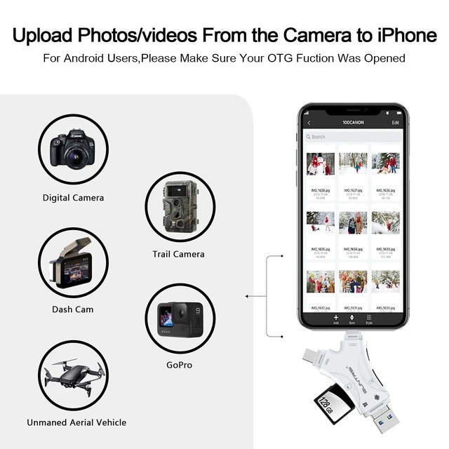 Alt view image 3 of 7 - SD Card Reader for iPhone/ipad/Android/Mac/Computer/Camera,4 in1 Micro SD Card Reader Trail Camera Viewer, Portable Memory Card Reader SD Card Adapter for SD and TF Cards(White)