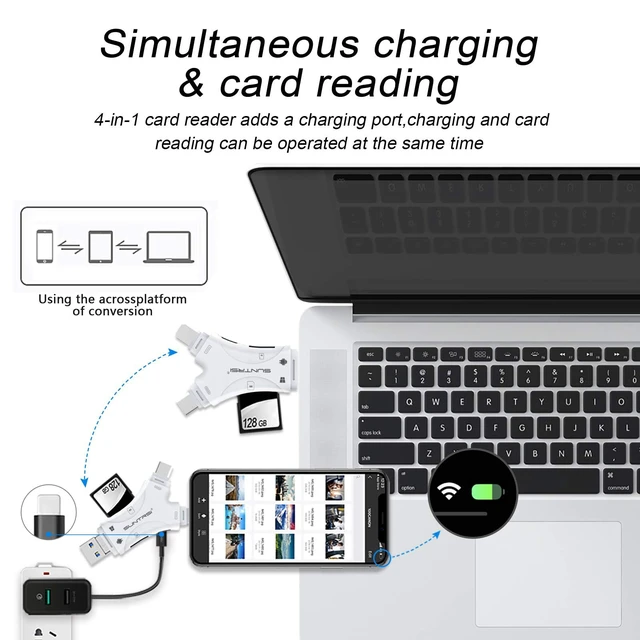 Alt view image 5 of 7 - SD Card Reader for iPhone/ipad/Android/Mac/Computer/Camera,4 in1 Micro SD Card Reader Trail Camera Viewer, Portable Memory Card Reader SD Card Adapter for SD and TF Cards(White)