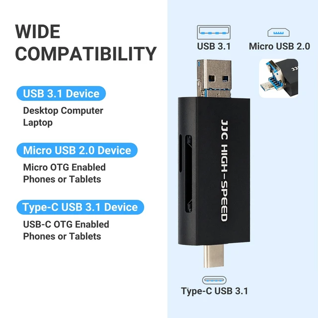 Alt view image 2 of 7 - UHS-II SD MicroSD USB Card Reader, Transfer Speed up to 312MB/s, Black | SD Card Adapter, 3-in-1 USB-A USB-C Micro USB Connection Port, Compatible with Computer, Laptop, OTG Enable Phone & Tablet