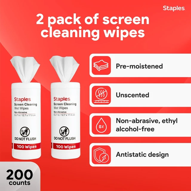Alt view image 2 of 5 - Screen Cleaning Wipes, 100 Per Tub, 2-Pack | Safe for monitors, laptops, and electronics. Removes dust, smudges, and grime.