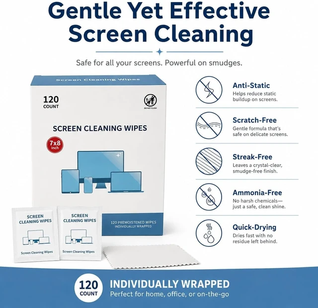 Alt view image 2 of 7 - Screen Cleaning Wipes for Electronics,120 Count7"x8"Pre-Moistened Screen Cleaner Wipes with Microfiber Cloth, Individually Wrapped Laptop Computer Phone Tablet Monitor TV Car Screen Cleaning Wipes