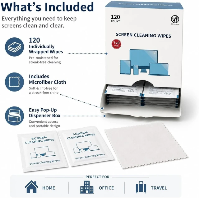 Alt view image 3 of 7 - Screen Cleaning Wipes for Electronics,120 Count7"x8"Pre-Moistened Screen Cleaner Wipes with Microfiber Cloth, Individually Wrapped Laptop Computer Phone Tablet Monitor TV Car Screen Cleaning Wipes