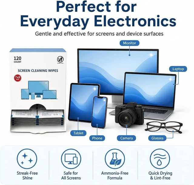 Alt view image 4 of 7 - Screen Cleaning Wipes for Electronics,120 Count7"x8"Pre-Moistened Screen Cleaner Wipes with Microfiber Cloth, Individually Wrapped Laptop Computer Phone Tablet Monitor TV Car Screen Cleaning Wipes