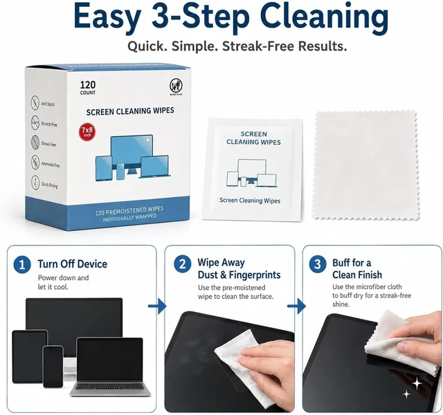 Alt view image 5 of 7 - Screen Cleaning Wipes for Electronics,120 Count7"x8"Pre-Moistened Screen Cleaner Wipes with Microfiber Cloth, Individually Wrapped Laptop Computer Phone Tablet Monitor TV Car Screen Cleaning Wipes