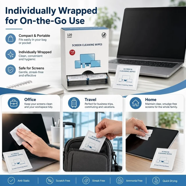 Alt view image 6 of 7 - Screen Cleaning Wipes for Electronics,120 Count7"x8"Pre-Moistened Screen Cleaner Wipes with Microfiber Cloth, Individually Wrapped Laptop Computer Phone Tablet Monitor TV Car Screen Cleaning Wipes