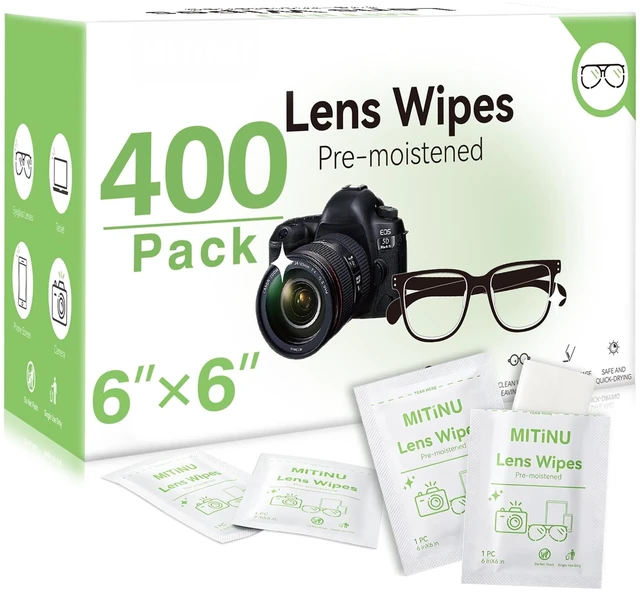 Main image of 400 Pack 6x6 Inch Lens Wipes for Eyeglasses, Cleaner Wipes, Glasses Wipes | Pre-Moistened Individually Wrapped, Scratch-Free & Streak-Free for Camera Lens, Sunglasses, Gaming Glasses, Phone Screens