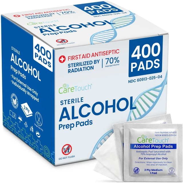 Main image of Alcohol Prep Pads - 400 Count Alcohol Wipes Individually Wrapped, 1.18x2.36 Inches - 70% Isopropyl Swabs for Home, Medical, or First Aid Kits - Sterilized 2-Ply Pads