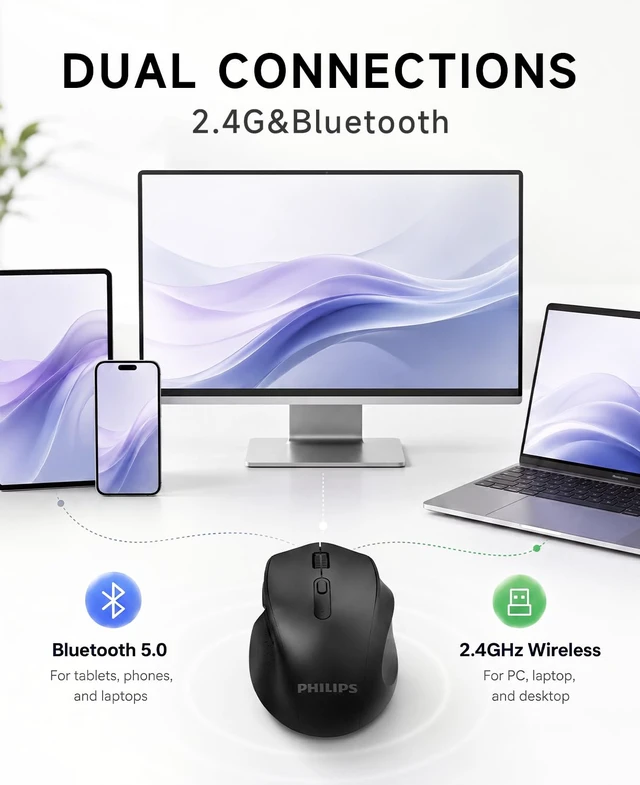 Alt view image 3 of 7 - Wireless Mouse for Laptop, Silent Click, 4000 DPI High Precision | Computer Mice for Small to Medium Hands, 2.4GHz&Bluetooth with USB Receiver, 6 Buttons, 1-Year Battery Life for Mac, Tablets