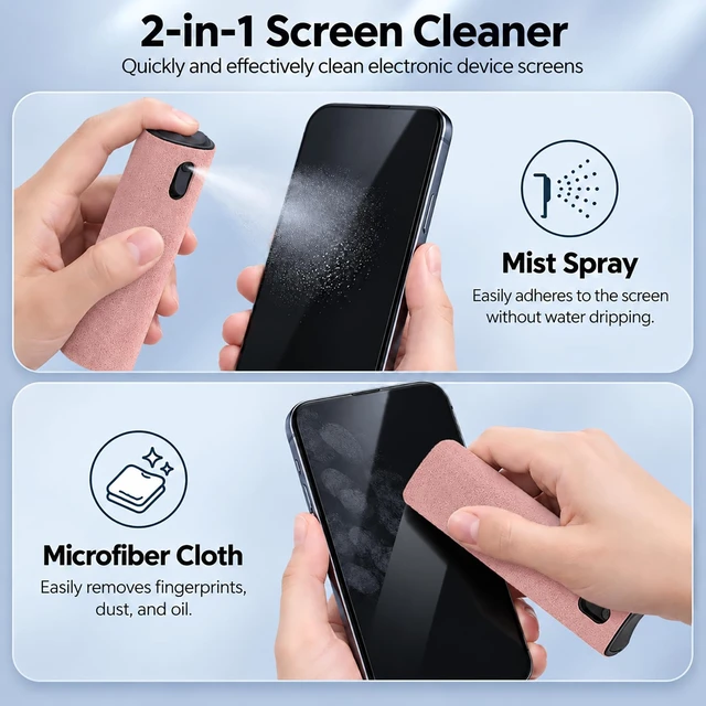 Alt view image 2 of 7 - Touchscreen Screen Cleaner for Phone, Tablet, Laptop, 2 Pack | 2-in-1 Screen Cleaner Spray and Wipe Kit for Car Screens, PC, Computer, Eyeglass, iPad, MacBook - Grey and Pink