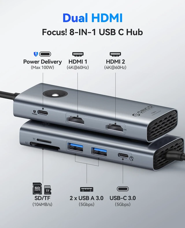 Alt view image 2 of 7 - USB-C Docking Station Dual Monitor, 8-in-1 USB-C Hub with 2 HDMI | USB Docking Station with 4K@60Hz HDMI, 100W PD, USB A/C 3.0, SD/TF, Laptop Dock Compatible with Dell XPS/HP/Surface/Mac
