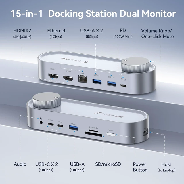 Alt view image 2 of 7 - USB C Laptop Docking Station Dual Monitor, 100W PD, 5×USB 10Gbps | 15-in-1 Dual HDMI 4K@60Hz, Volume Knob, 100W Charger, Ethernet Audio SD/TF for Dell/Lenovo/HP/Windows(No Power Adapter)