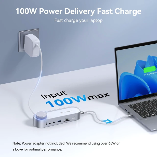 Alt view image 4 of 7 - USB C Laptop Docking Station Dual Monitor, 100W PD, 5×USB 10Gbps | 15-in-1 Dual HDMI 4K@60Hz, Volume Knob, 100W Charger, Ethernet Audio SD/TF for Dell/Lenovo/HP/Windows(No Power Adapter)