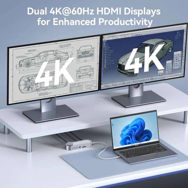 Alt view image 5 of 7 - USB C Laptop Docking Station Dual Monitor, 100W PD, 5×USB 10Gbps | 15-in-1 Dual HDMI 4K@60Hz, Volume Knob, 100W Charger, Ethernet Audio SD/TF for Dell/Lenovo/HP/Windows(No Power Adapter)