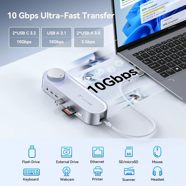 Alt view image 6 of 7 - USB C Laptop Docking Station Dual Monitor, 100W PD, 5×USB 10Gbps | 15-in-1 Dual HDMI 4K@60Hz, Volume Knob, 100W Charger, Ethernet Audio SD/TF for Dell/Lenovo/HP/Windows(No Power Adapter)