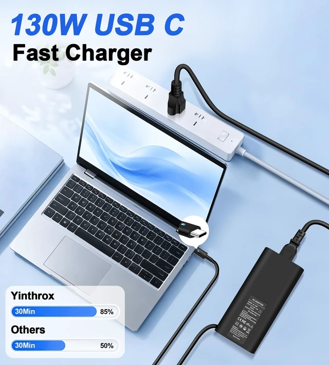 Alt view image 2 of 7 - 130W Slim USB C Charger Compatible with Dell Notebooks | for XPS15 9500 9510 9520 9530 XPS17 9710 Precision 5560 5570 5760 Latitude 5401 5411 5501 5511 5520 AC Power Cord
