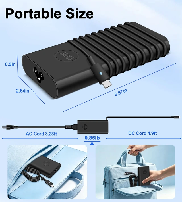 Alt view image 7 of 7 - 130W Slim USB C Charger Compatible with Dell Notebooks | for XPS15 9500 9510 9520 9530 XPS17 9710 Precision 5560 5570 5760 Latitude 5401 5411 5501 5511 5520 AC Power Cord