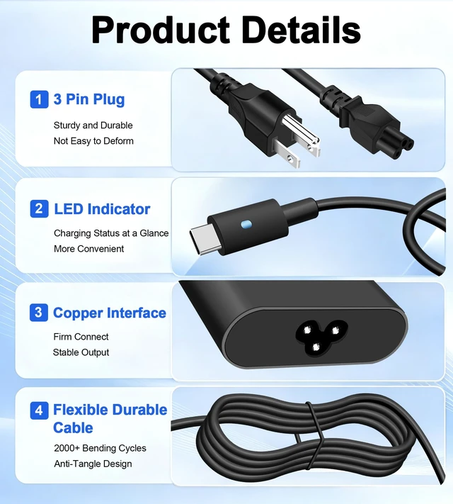 Alt view image 6 of 7 - 130W Slim USB C Charger Compatible with Dell Notebooks | for XPS15 9500 9510 9520 9530 XPS17 9710 Precision 5560 5570 5760 Latitude 5401 5411 5501 5511 5520 AC Power Cord