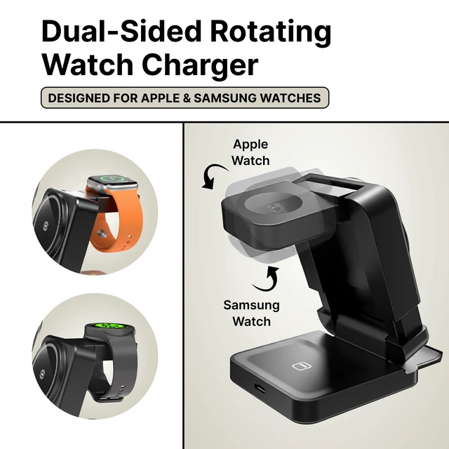 Alt view image 4 of 7 - 3-in-1 Magnetic Wireless Charging Station for Apple & Samsung Devices, Dual-Sided Rotating Watch Charger, 15W Fast Foldable Charger - Black