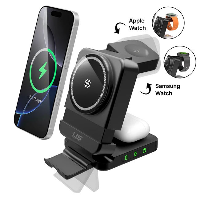 Alt view image 2 of 7 - 3-in-1 Magnetic Wireless Charging Station for Apple & Samsung Devices, Dual-Sided Rotating Watch Charger, 15W Fast Foldable Charger - Black