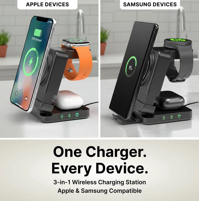 Alt view image 3 of 7 - 3-in-1 Magnetic Wireless Charging Station for Apple & Samsung Devices, Dual-Sided Rotating Watch Charger, 15W Fast Foldable Charger - Black