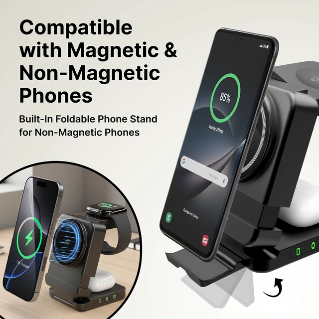 Alt view image 5 of 7 - 3-in-1 Magnetic Wireless Charging Station for Apple & Samsung Devices, Dual-Sided Rotating Watch Charger, 15W Fast Foldable Charger - Black