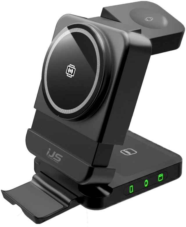 Main image of 3-in-1 Magnetic Wireless Charging Station for Apple & Samsung Devices, Dual-Sided Rotating Watch Charger, 15W Fast Foldable Charger - Black