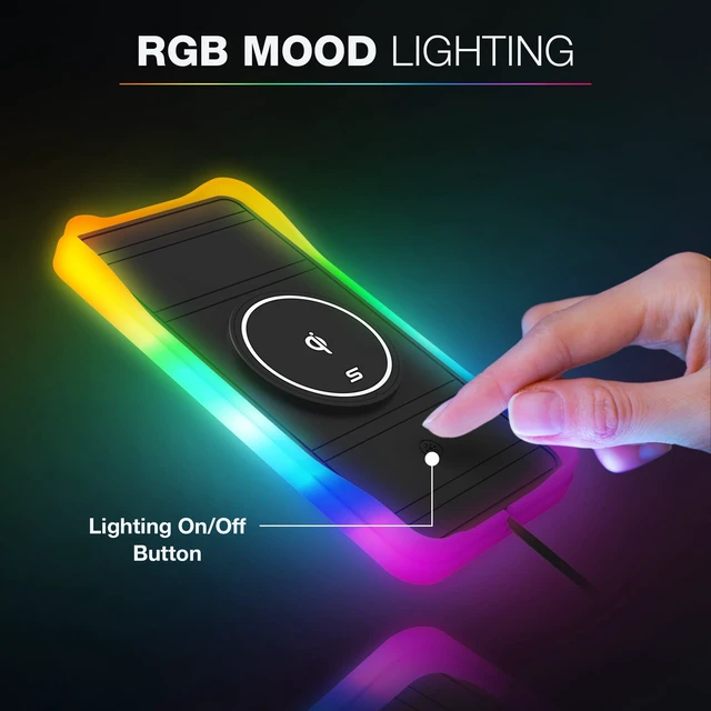 Alt view image 2 of 6 - Charge & Glow Wireless Charging Pad with RGB Glow, Qi Compatible 15W Quick Charge, Non-Slip Material, Heat-Resistant Silicone Bottom, AC535082