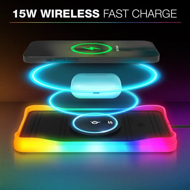 Alt view image 3 of 6 - Charge & Glow Wireless Charging Pad with RGB Glow, Qi Compatible 15W Quick Charge, Non-Slip Material, Heat-Resistant Silicone Bottom, AC535082