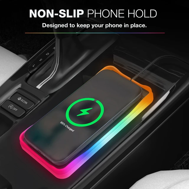 Alt view image 5 of 6 - Charge & Glow Wireless Charging Pad with RGB Glow, Qi Compatible 15W Quick Charge, Non-Slip Material, Heat-Resistant Silicone Bottom, AC535082