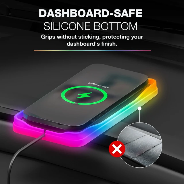 Alt view image 4 of 6 - Charge & Glow Wireless Charging Pad with RGB Glow, Qi Compatible 15W Quick Charge, Non-Slip Material, Heat-Resistant Silicone Bottom, AC535082