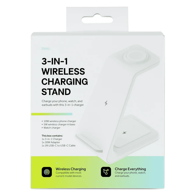 Alt view image 2 of 6 - 3-in-1 Wireless Charging Station for Iphone, Apple Watch, and Airpods, White