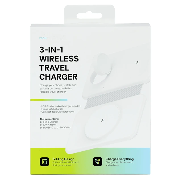 Alt view image 2 of 6 - 3-in-1 Wireless Portable Charger 10W for iPhone, Apple Watch & Earbuds, Travel Power Supply
