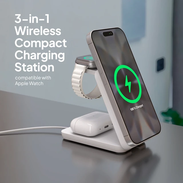 Alt view image 2 of 5 - 3-in-1 15W Qi Tri-Fold Wireless Charge Pad, White