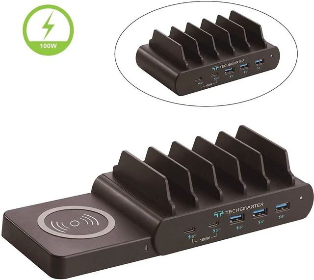 Main image of 6-Port 100W 2-Port Dual USB-C PD Charging Station with 15W Qi Wireless Charger, Three 18W Fast Charging USB Ports.