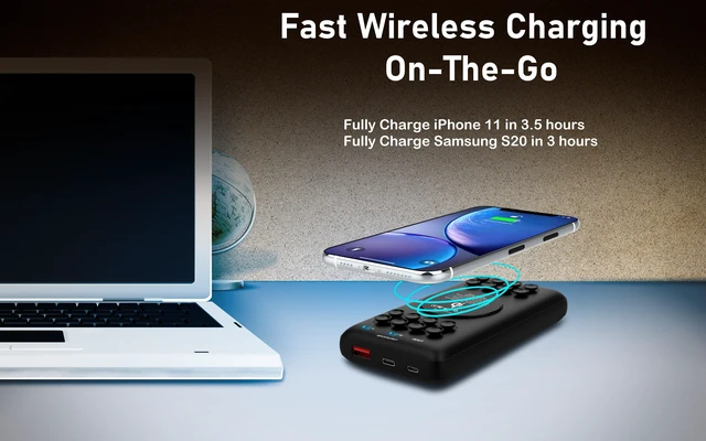 Alt view image 5 of 7 - 20000mAh Qi Wireless Power Bank with Anti-slip Suction Cups, 18W USB-C Portable Charger. Compatible with iPhone 14, 13, 12, XS, X, XR, Samsung S22, S21, S20, S10, S9, LG ThinQ