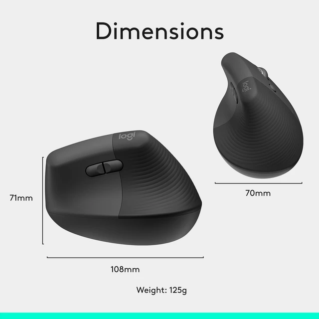 Alt view image 2 of 7 - Lift Vertical Ergonomic Mouse, Wireless, Bluetooth or Logi Bolt USB Receiver, Quiet Clicks, 4 Buttons, Graphite