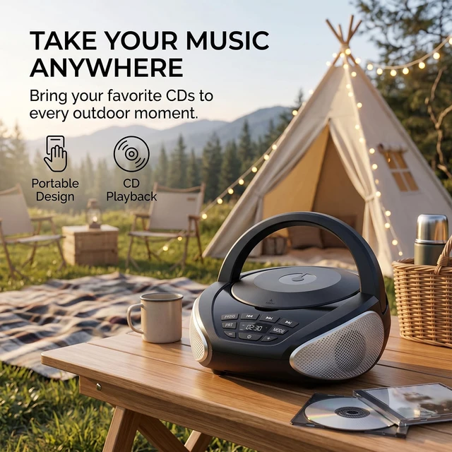 Alt view image 6 of 7 - Portable CD Player Boombox with FM Radio and Speakers for Home | CD/CD-R/CD-RW, Clear Stereo Sound, AUX/Live input, Type-C power or 4 C batteries, headphone jack, PROG/repeat