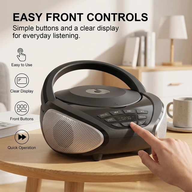 Alt view image 3 of 7 - Portable CD Player Boombox with FM Radio and Speakers for Home | CD/CD-R/CD-RW, Clear Stereo Sound, AUX/Live input, Type-C power or 4 C batteries, headphone jack, PROG/repeat