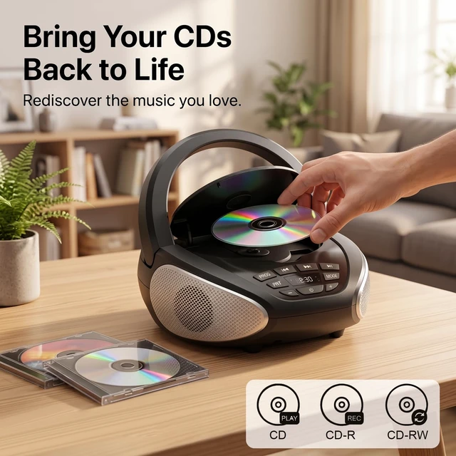 Alt view image 2 of 7 - Portable CD Player Boombox with FM Radio and Speakers for Home | CD/CD-R/CD-RW, Clear Stereo Sound, AUX/Live input, Type-C power or 4 C batteries, headphone jack, PROG/repeat