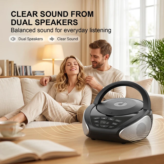 Alt view image 4 of 7 - Portable CD Player Boombox with FM Radio and Speakers for Home | CD/CD-R/CD-RW, Clear Stereo Sound, AUX/Live input, Type-C power or 4 C batteries, headphone jack, PROG/repeat