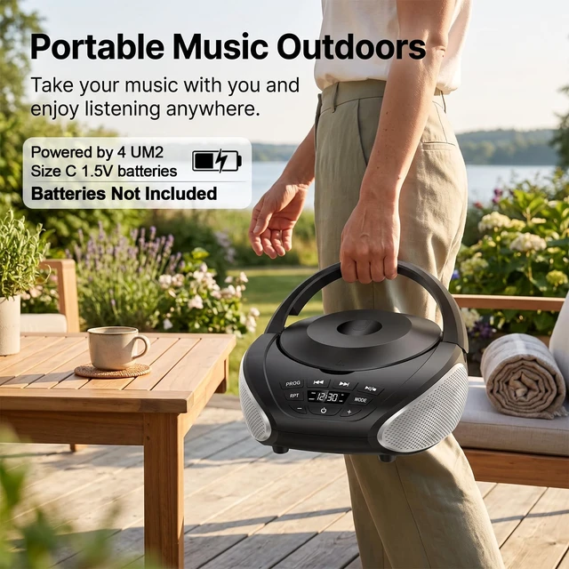 Alt view image 5 of 7 - Portable CD Player Boombox with FM Radio and Speakers for Home | CD/CD-R/CD-RW, Clear Stereo Sound, AUX/Live input, Type-C power or 4 C batteries, headphone jack, PROG/repeat