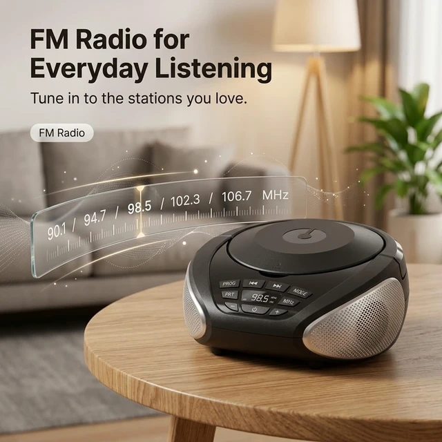 Alt view image 7 of 7 - Portable CD Player Boombox with FM Radio and Speakers for Home | CD/CD-R/CD-RW, Clear Stereo Sound, AUX/Live input, Type-C power or 4 C batteries, headphone jack, PROG/repeat