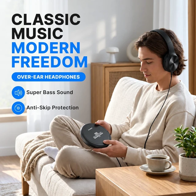 Alt view image 2 of 7 - Portable CD Player with Headphones, FM Radio, MP3 Playback, Black | 60-Second Anti-Skip for Home, Car & Travel, CD-R/CD-RW/MP3 Playback, 2 AA or USB Power, Simple Buttons, Foldable Headphones