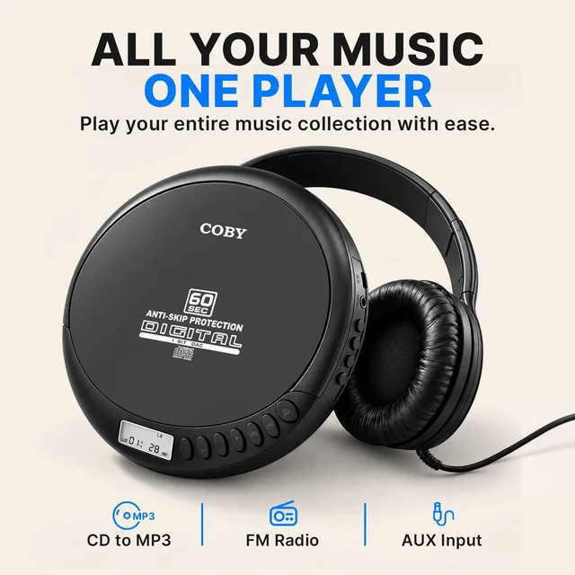 Alt view image 3 of 7 - Portable CD Player with Headphones, FM Radio, MP3 Playback, Black | 60-Second Anti-Skip for Home, Car & Travel, CD-R/CD-RW/MP3 Playback, 2 AA or USB Power, Simple Buttons, Foldable Headphones