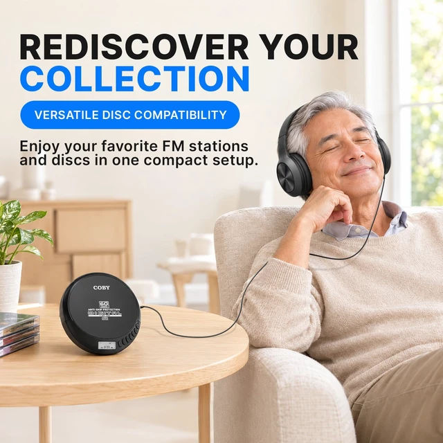 Alt view image 4 of 7 - Portable CD Player with Headphones, FM Radio, MP3 Playback, Black | 60-Second Anti-Skip for Home, Car & Travel, CD-R/CD-RW/MP3 Playback, 2 AA or USB Power, Simple Buttons, Foldable Headphones
